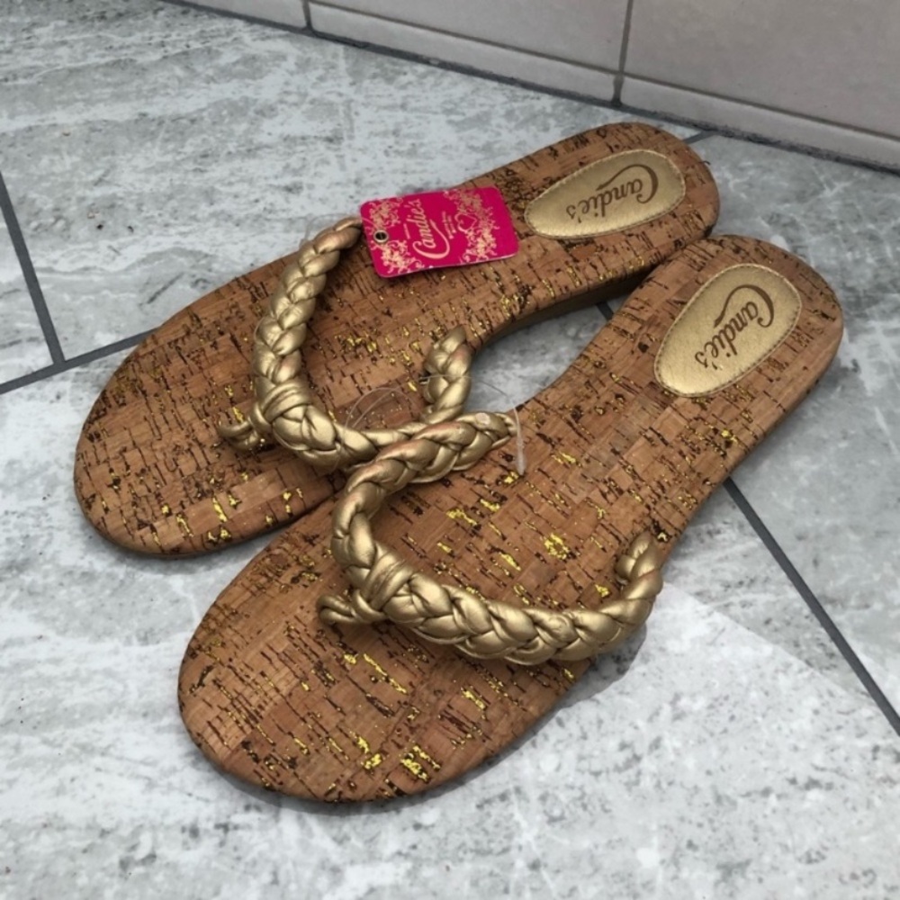 Candie's Gold Braided Cork-Style Slide Sandals